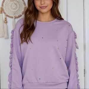 Girls lilac w rhinestone ruffle sleeve sweatshirt